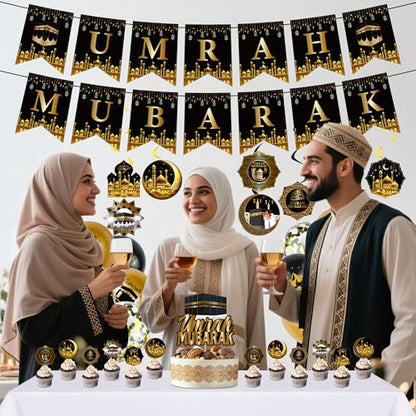 Ramadan Eid Umrah Mubarak Decorations - 41 Pcs Gold Black Eid Mubarak Party Balloons Banners Hanging Swirls Cake Cupcake Toppers Balloon for Lslamic Muslim Umrah Mubarak Festival Party Supplies