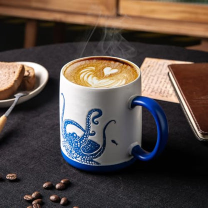 AmorArc Large Coffee Mugs Set of 6, 18oz Ceramic Coffee Cups with Sea Life Textured Patterns for Tea Latte Cocoa. Easy to Hold&Clean, Dishwasher&Microwave Safe, Matt White - color: Matte White