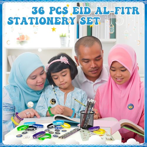 116 Pcs Eid Ramadan Mubarak Gifts Ramadan Stationery Include 36 Ramadan Pencils 36 Wristbands 36 Badges 8 Stickers for Eid Mubarak Party Favor Decor Supplies Ramadan Gift
