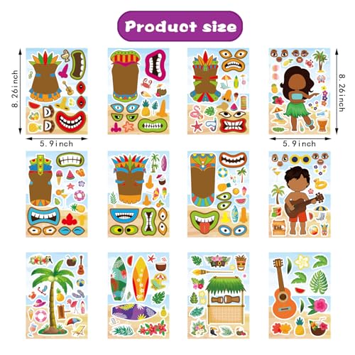 Summer Stickers, Hawaii Make a Face Sticker, Aloha Tiki Totem | 24 Sheets Make Your Own Beach Tropical Cartoon Mix and Match Stickers Hawaiian Coconut Tree Summer Luau Party Favors - style: Summer Stickers