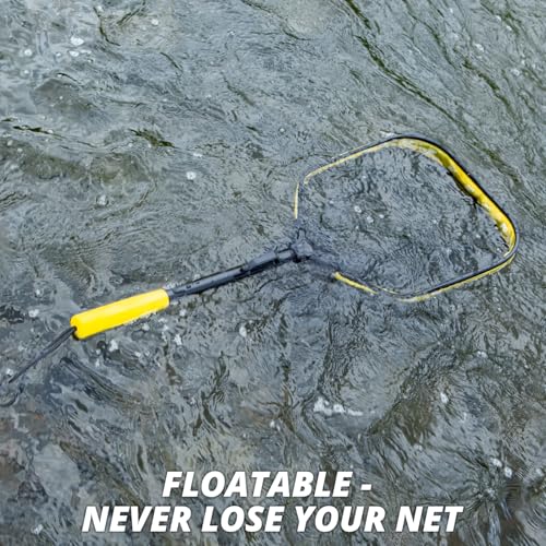 Floating Fishing Net for Fly Fishing, Foldable Landing Net | 31.2" Length, 15"x11.8" Hoop, Fish Net with Rubber Coated Polyethylene Mesh for Bass, Trout, Kayak & Boat Fishing - color: Yellow