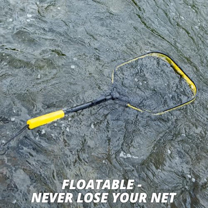Floating Fishing Net for Fly Fishing, Foldable Landing Net | 31.2" Length, 15"x11.8" Hoop, Fish Net with Rubber Coated Polyethylene Mesh for Bass, Trout, Kayak & Boat Fishing - color: Yellow