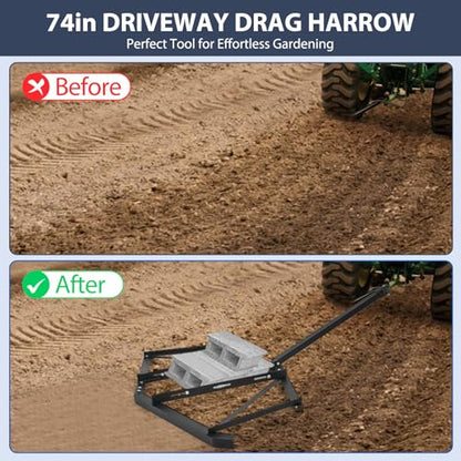 Garvee Heavy-Duty 66" Driveway Drag Grader, w/ 3 Sets Adjustable Bolts & 2 Reinforced Steel Bars, Tow-Behind Harrow with Pin Hitch, Least 100lbs - color: Black 66in