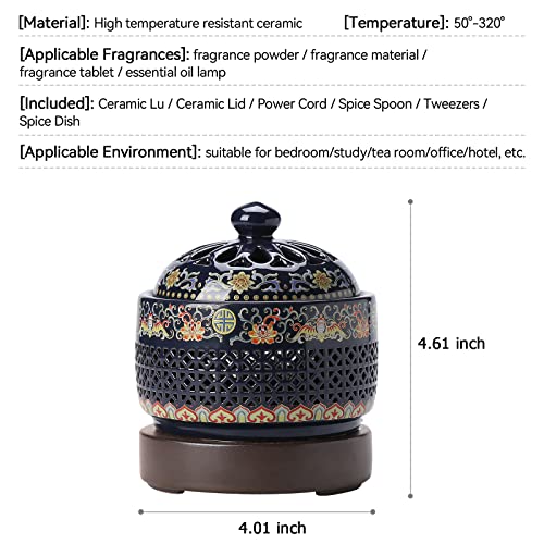 Ceramic Holder Electric Incense Burner Enamel Built-in LED Lights Simulate Flames, Classical, Elegant and High-end Hollow Design