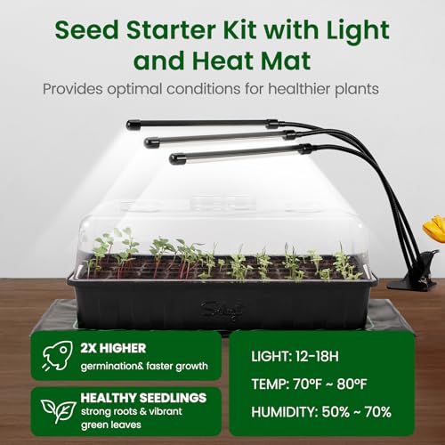 SOLIGT 60 Cell Seed Starter Kit with Grow Light and Heat Mat, Seed Starter Tray with Higher 4.3” Humidity Dome, Flexible Light Positioning for Seed Starting & Seedling Growth - size: 1 SET