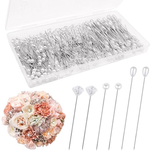 300 Pieces Bouquet Corsage Floral Pins 3 Styles Straight Boutonniere Pearl Diamond Pins Decoration for Flower, DIY Crafts, Sewing, and Wedding Bridal Accessories