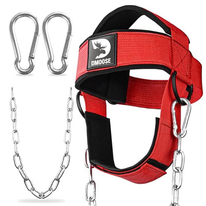 DMoose Fitness Neck Harness for Weight Lifting - Soft Padded Head & Chin Strap with 30" Heavy Duty Steel Chain - Neck Exerciser, Trainer & Strengthener to Support Injury Recovery and Intense Workouts - color: Red