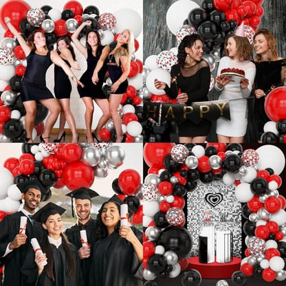 Amandir 153pcs Red Black and White Balloon Arch Garland Kit Different Sizes 18 12 10 5inch Silver Latex Metallic Confetti Graduation Balloons for Birthday Wedding Movie Night Casino Party Supplies - color: Metallic Silver