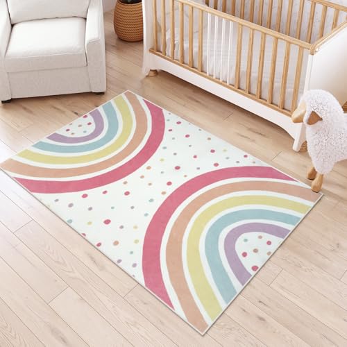 STARUIA Washable Rainbow Rug for Girls Bedroom, Colorful Rug 4x6 Area Rugs for Nursery Kid Room, Non-Slip Soft Polka Dot Carpet Kids Rugs for Classroom Playroom Tent Castle - color: Colorful, size: 4'x6' (Rectangular)