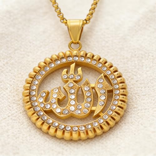 Hip Hop Stainless Steel Iced Out Hollow Allah Pendant Round Necklace - color: Gold