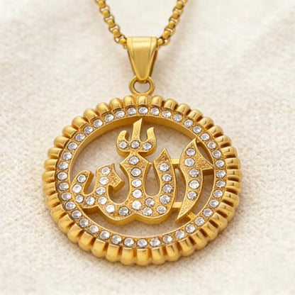 Hip Hop Stainless Steel Iced Out Hollow Allah Pendant Round Necklace - color: Gold
