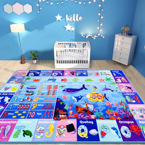 Large Interactive Ocean World Learning Rug with ABC, Sea Animals, Numbers & Shapes for & Preschoolers, Washable Non-Slip Carpet for Playroom, Nursery & Homeschool, 5'"×6'7" - color: Ocean Animals, size: 59 × 78.7 inches (Rectangular)
