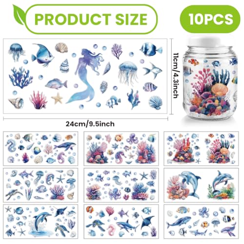 arricraft 10 Pcs Colorful Marine Animal Theme Cup Printing UV Transfer Papers, 10 Styles Sea Animal Shell Octopus Seahorse Mermaid UV DTF Cup Wrap Stickers for 16 OZ Glass Cups Crafts 9.5x4.3inch - style: Colorful Marine Animal Theme 02