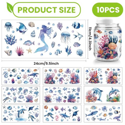 arricraft 10 Pcs Colorful Marine Animal Theme Cup Printing UV Transfer Papers, 10 Styles Sea Animal Shell Octopus Seahorse Mermaid UV DTF Cup Wrap Stickers for 16 OZ Glass Cups Crafts 9.5x4.3inch - style: Colorful Marine Animal Theme 02