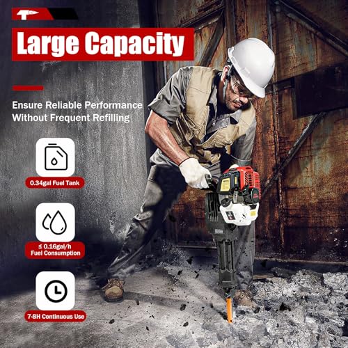 1900W 52CC Gas Powered Demolition Jack Hammer Concrete Breaker, 2 Stroke Air Cooling Gasoline Hammer Drill Tool with 2 Chisels for Building Construction and Ice Breaking Region