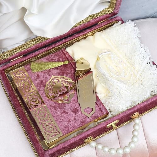 Modefa Islamic Luxury Pearl Islamic Gift Set - Holy Quran in Arabic - Velvet Box with Quran, Hijab, Tesbih, & Bookmark (Light Raspberry) - color: Light Raspberry