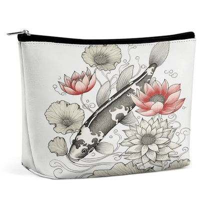 Fish Japanese Carp Lotus Leaves Flower Makeup Bag for Women, Toiletry Bag Portable PU, Cosmetic Bag Travel Essentials Toiletries Accessories