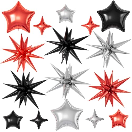 Red Black Silver Star Balloons,22/18/10 Inch Foil Balloons, Four-Pointed Balloon for Women Men Birthday Graduation Prom Wedding Baby Shower Movie Party Decorations - color: Red Black Silver