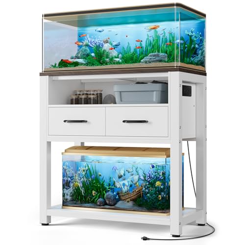 EOSVALO 20-29 Gallon Aquarium Stand with Stable Metal Frame & Power Outlet, Heavy-Duty Fish Tank Stand with Waterproof Mat, 550LBS Capacity Storage Cabinet, White+Brown