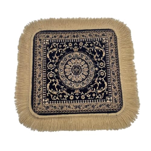 Soft Chenille Prayer Mat | Traditional Mandala Floral Pooja Aasan with Golden Fringes | Multipurpose Square Rug for Meditation, Yoga, Puja Room & Home (Navy Blue, 2x2 Feet) - color: Navy Blue, size: 2x2 Feet