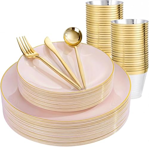bUCLA 150PCS Pink Plastic Plates - Pink and Gold Disposable Include 25 Each (Dinner & Dessert) Plates, 25 Knives, 25 Forks, 25 Spoons and 25 Cups, Ideal for Party & Wedding - color: Pink Gold, size: 25 Guests