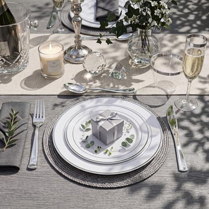 WDF Partyware 350Piece Silver Plastic Dinnerware Set for 50 Guests - Silver Plastic Plates with Cutlery Include:50Dinner Plates-50Dessert Plates-50Pre Rolled Napkins with Silverware Party Wedding - color: White and Silver, size: 350