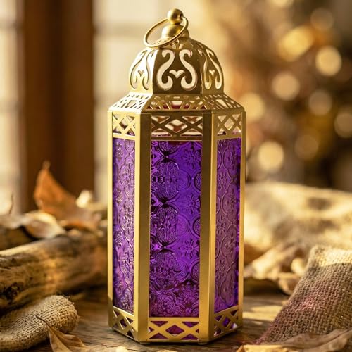 Vela Lanterns Decorative Indoor Moroccan Candle Holder, Gold Purple, M - color: Gold/Purple, size: Medium