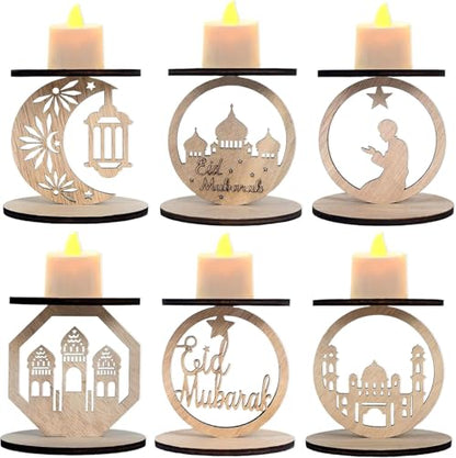 6 Pack Wooden Ramadan Candle Holders, Wooden Muslim Design Ramadan Eid, Decorative Lamp Moon Night Light, Indoor/Outdoor Muslim Islamic Party