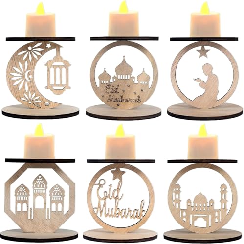 6 Pack Wooden Ramadan Candle Holders, Wooden Muslim Design Ramadan Eid, Decorative Lamp Moon Night Light, Indoor/Outdoor Muslim Islamic Party
