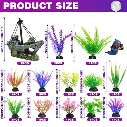 Ameliade Fish Tank Decor Set with Shipwreck Decoration, Little Diver Floating & 13 Aquatic Artificial Plants - Betta Plants & Hiding Spots for Aquariums and Small Fish Tank Accessories