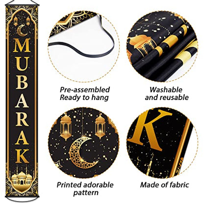 Ramadan Mubarak Banner Eid Mubarak Door Sign Hanging Banners Decoration Set for Ramadan Themed Party Indoor and Outdoor Party Supplies Decorations