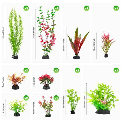 18Pcs Plastic Aquarium Plants, Weighted Base, Red Green Fish Tank Decor | Safe for betta and goldfish. Fresh and saltwater. Tall and short variety pack. Weighted bases hold firm.