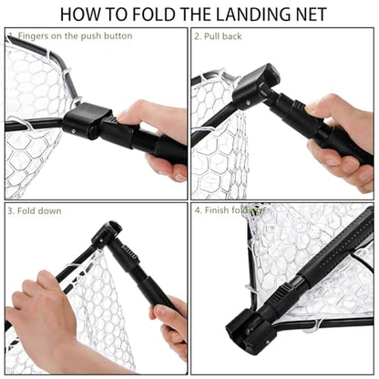 Fly Fishing Landing Net, Soft Rubber Mesh Bass Trout Net with Collapsible Handle and Magnetic Release, Folding Catch and Release Net for Freshwater, Fly Fishing Gear Accessories