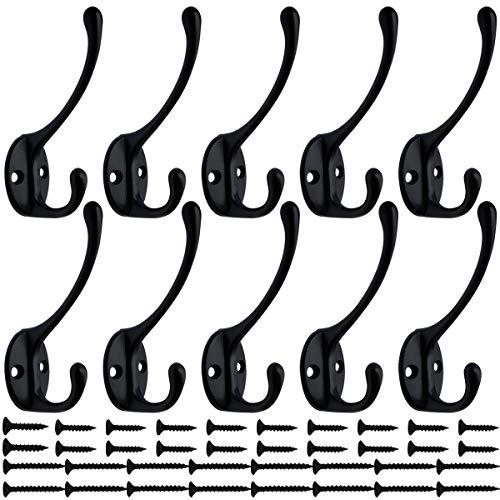 IBosins 10 Pack Black Double Coat Hooks No Rust Hooks for Coat, Scarf, Bag | Dual Coat Hooks Wall Mounted with 40 Screws Retro Hooks Utility for Towel, Key, Cap, Cup, Hat - color: Black