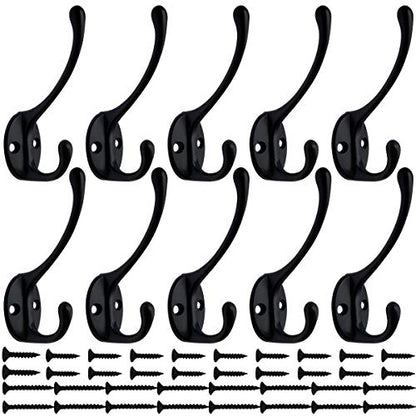 IBosins 10 Pack Black Double Coat Hooks No Rust Hooks for Coat, Scarf, Bag | Dual Coat Hooks Wall Mounted with 40 Screws Retro Hooks Utility for Towel, Key, Cap, Cup, Hat - color: Black