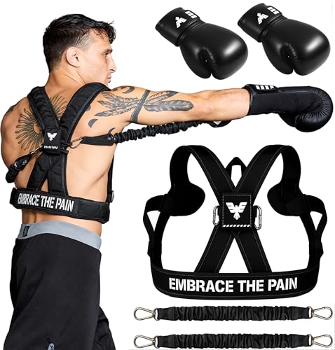 Elite Sports Adult Boxing Harness with 12oz Gloves – Adjustable Resistance Bands (3 Levels), Stability Strap, Padded Back & Shoulder, Ballistic Nylon, Quick-Release Buckle – Training & Workout Gear
