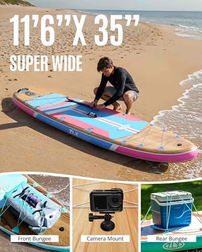 ZLX 11'6"x35" Ultra Wide Inflatable Stand Up Paddle Board | Stable Non-Slip Deck Pad, Unique Fin System, Premium SUP Accessories & Backpack - Upgraded Pump for Adults, All Skill Levels - color: Blush Pink Wood