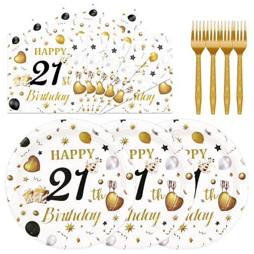 75PCS 21st Birthday Paper Plates and Napkins Party Decorations, 7 Inch White and Gold 21st Birthday Plates Napkins Cheers to 21 Years Tableware Set Party Supplies for Her Him - color: 21st White