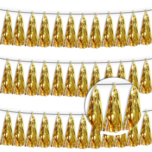 3P Gold Tassel Banner Garland Metallic Foil Fringe Banner Tinsel Tassels Streamer Banner Backdrop for Parade Floats, 2025 Graduation Decorations, Wedding Party Decoration - color: Gold