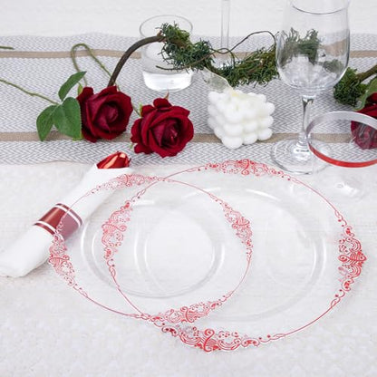 Hioasis 175pcs Clear and Red Plates - Red Party Plates for 25 Guest, Include 50 Heavy-duty Plates(20% Thicker Than Standard), 25 Pre Rolled Gold Plastic Silverware Set, 25 Cups for Graduation - color: Clear and Red