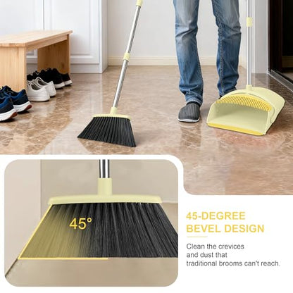 BSKLIN Broom and Dustpan Set for Home, 52" Long Handle Broom Set with Dustpan Teeth to Clean Hair Sweeping Indoor and Outdoor (Yellow) - size: Small-yellow