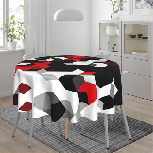 Tablecloth Black White Red Geometric Cube Diagram Round Tablecloth Waterproof Kitchen Dining Room Picnic Party Table Cloth - color: Red Geometric