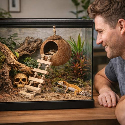 HERCOCCI Gecko Tank Accessories, Hermit Crab Toys Coconut Shell Natural Coconut Husk Hut with Climbing Ladder with Suction Cup for Leopard Gecko Snake Reptiles
