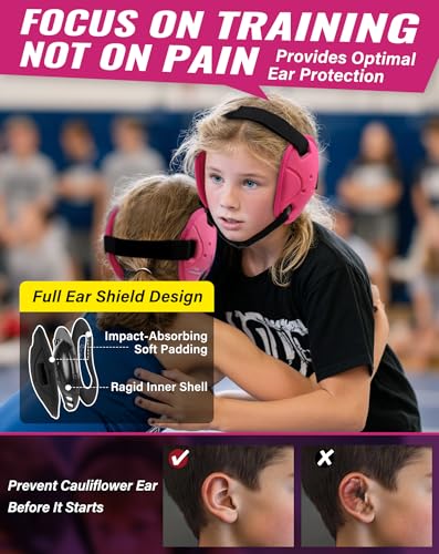 Trymaker Wrestling Headgear, Head Gear for Youth with Chin Cup & Pad | Head Under 21", Ages 4–9, Sorf Triple-Layer Ear Guard, 3-Point Adjustment System, MMA, Jiu-Jitsu, BJJ - color: Pink Headgear & Black Strap