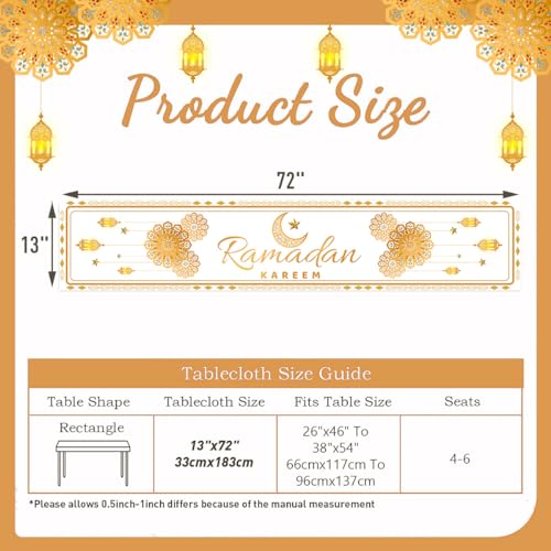 Eid Mubarak Table Runner Decorations,White and Gold Ramadan Mosque Lattern Happy Holiday Kitchen Dining Table Decor for Home Party Supplies 13 x 72 Inch