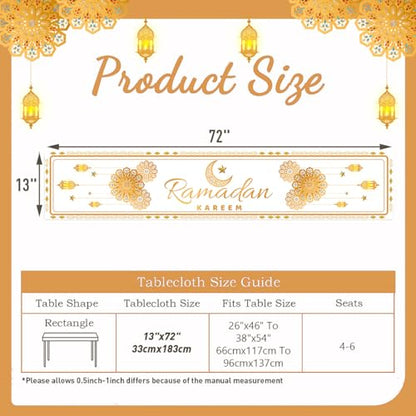 Eid Mubarak Table Runner Decorations,White and Gold Ramadan Mosque Lattern Happy Holiday Kitchen Dining Table Decor for Home Party Supplies 13 x 72 Inch