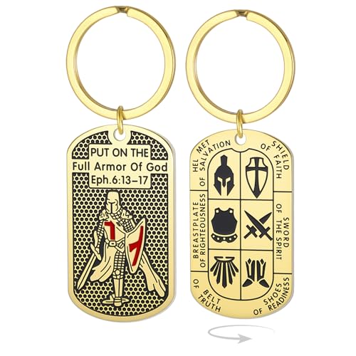 Crusader Knights Templar Keychain for Men Ephesians 6:16-17 Armor of God Jerusalem Cross Dog Tag Keyring Jewelry - color: Gold