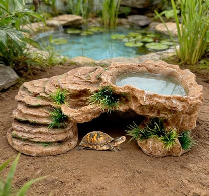 M2cbridge Reptile Hide Resting Step Ledge Cave Hideout Turtle Basking Platform – Great for Reptiles, Amphibians, and Fish (Sandy Brown) - style: Sandy Brown