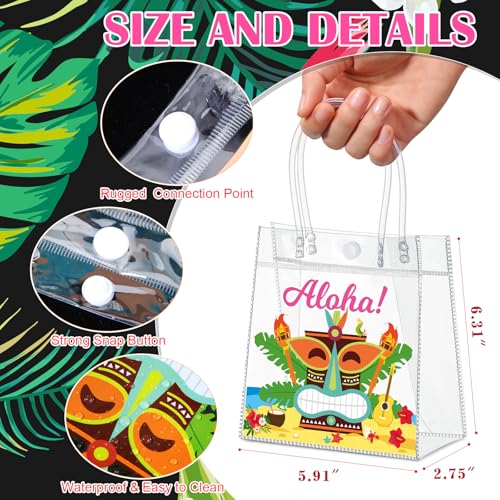 Aliceset 24 Pcs Hawaiian Luau Party Favor Bags Transparent PVC Aloha Tiki Goodie Bags with Handles Reusable Waterproof Candy Totes for Tropical Beach Summer Party Supplies, 6.31" x 5.91" x 3.15" - style: Aloha