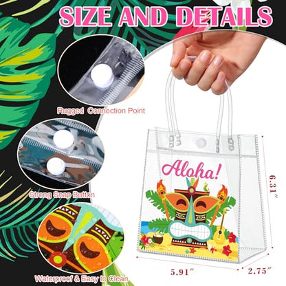 Aliceset 24 Pcs Hawaiian Luau Party Favor Bags Transparent PVC Aloha Tiki Goodie Bags with Handles Reusable Waterproof Candy Totes for Tropical Beach Summer Party Supplies, 6.31" x 5.91" x 3.15" - style: Aloha
